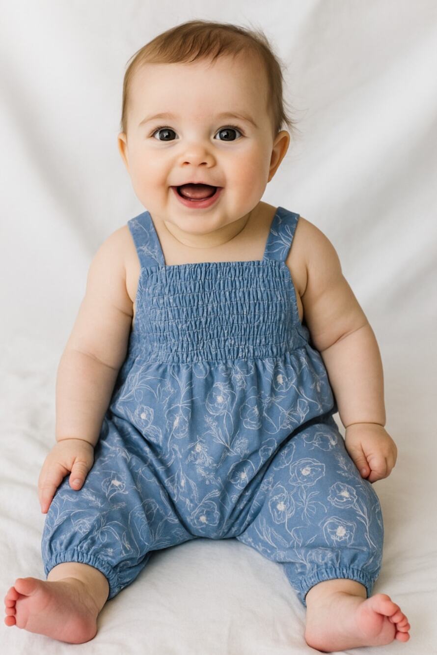 BARDOT Baby Missy Floral One Piece Outfit 3-6 Months Blue Linen Smocked NWT